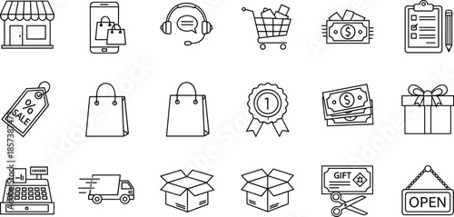 Ecommerce shopping line icons set with store cart payment delivery gift and customer service symbols isolated on white background vector illustrationWeb