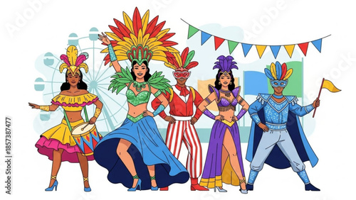 Carnival Dancers: A vibrant group of carnival dancers in colorful costumes and headdresses dance in a festive setting, evoking the excitement and celebration of a lively carnival.