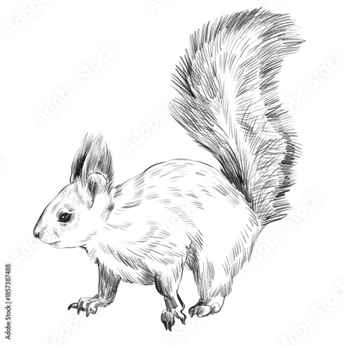 Squirrel. Black and white pencil drawing of a squirrel with fluffy long ears and tail isolated on a white background. Hand draw realistic vector drawing of a forest animal in the wild