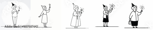 vector full body of a grandmother stand lighting small fireworks(sparkle) on New Year