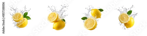 Set of lemons with water splash isolated on transparent background