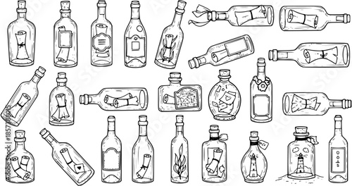 Black and White Line Art Hand-drawn Collection of Message in a Bottle, Nautical Communication and Vintage Container Concepts