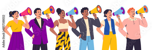 A colorful illustration of a diverse group of people using megaphones to express their ideas and opinions, showcasing unity and collaboration in communication.