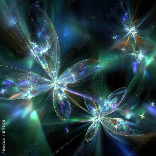 Glowing Teal And Blue Crystal Flowers In Dark Space