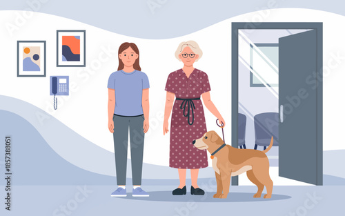 In this heartwarming illustration, a young woman stands beside an elderly lady, both with warm smiles, accompanied by a friendly dog, showcasing intergenerational connection.