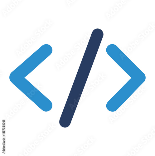 Blue and dark blue angle brackets and slash symbol on white background code coding