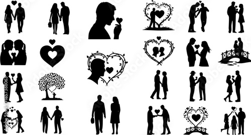 Romantic Love Couples and Heart Silhouettes Vector Icons Set for Relationships, Valentine's Day, Weddings, and Family Themes in Flat Black Glyph Style