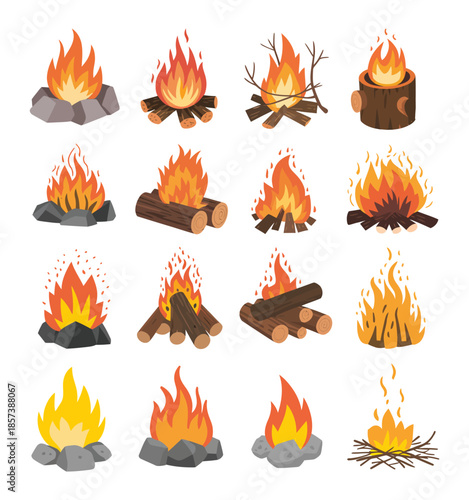 Firewood Boards and Wooden Logs Burning in Outdoor Bonfire, Campfire Flames with Branches, Planks, Coals and Extinct Fire Elements