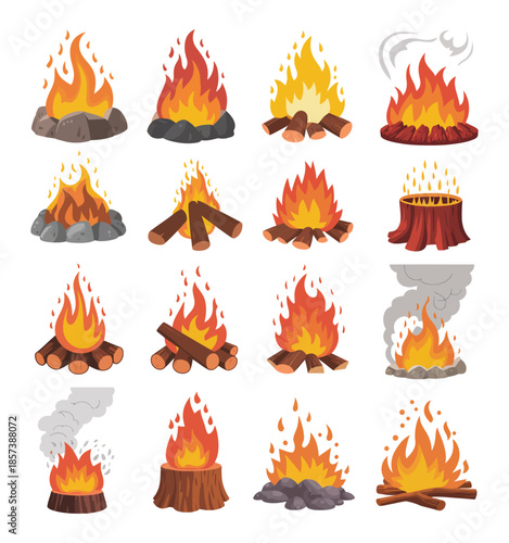 Firewood Boards and Wooden Logs Burning in Outdoor Bonfire, Campfire Flames with Branches, Planks, Coals and Extinct Fire Elements