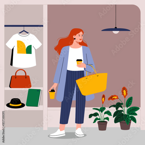 This stylish illustration features a cheerful woman shopping, carrying a bright yellow tote bag, surrounded by fashionable items that create a warm and inviting atmosphere.