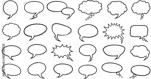 Communication Graphic Design Collection: Hand-drawn Black and White Line Art Comic Speech Bubbles, Thought Balloons, and Talk Bubbles Set for Dialog, Message, and Social Media Use.