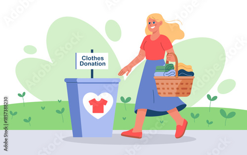 A cheerful woman walks towards a donation box carrying a basket of clothes, emphasizing the importance of giving and supporting charitable organizations.