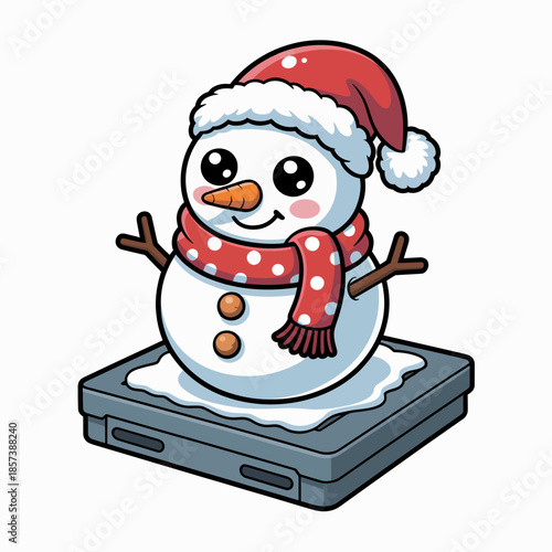 This adorable snowman, decked out in a Santa hat and red scarf, stands cheerfully on a snowy base, radiating the joy and warmth of the festive holiday season.