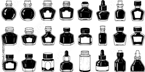 Vintage Ink Bottles and Inkwells Hand-Drawn Black and White Line Art Illustration Set for Writing and Art Supplies, Featuring Various Antique Vials and Containers