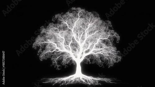 Abstract White Glowing Tree Growing with Intricate Roots and Branches