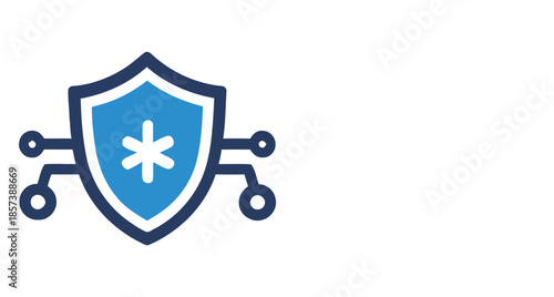 Blue shield with white asterisk and dark blue circuit connections protection security