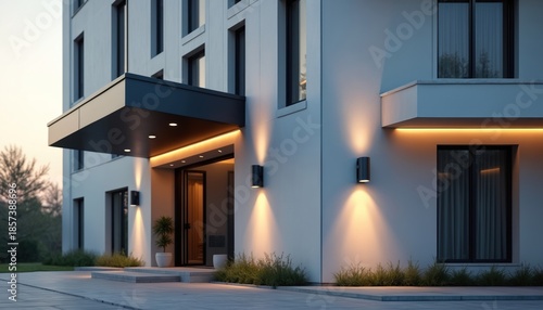 Wallpaper Mural Modern building entrance with canopy and warm exterior lighting. Minimalist facade features dark windows and clean lines, welcoming visitors. Architectural details highlighted at dusk. Torontodigital.ca