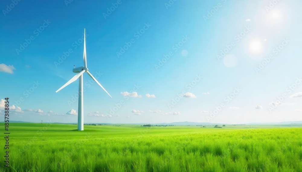 Fototapeta premium A futuristic wind power turbine on a bright sunny day in a green field, generating renewable energy for sustainability , environment, modern
