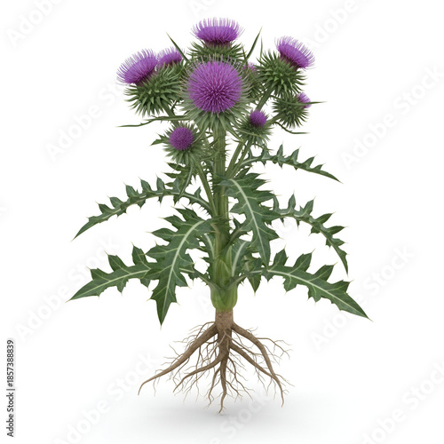 Mature thistle plant with roots and spiky purple blooms