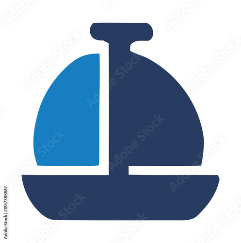 Dark blue and bright blue sailboat graphic on white background water transportation
