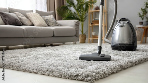 Modern living room with vacuum cleaner on soft carpet, home interior design, minimalist decor, tidy space, couch, bright natural light, plants in background