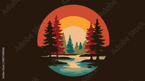 Forest Landscape in Circular Shape with River Illustration