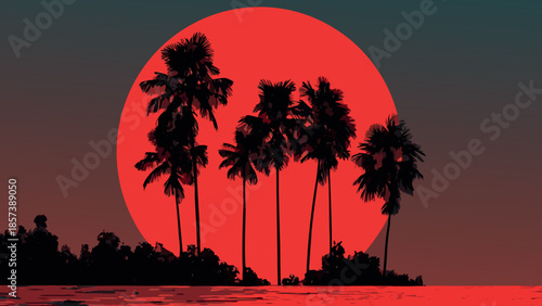 Tropical Sunset with Palm Tree Silhouettes Illustration