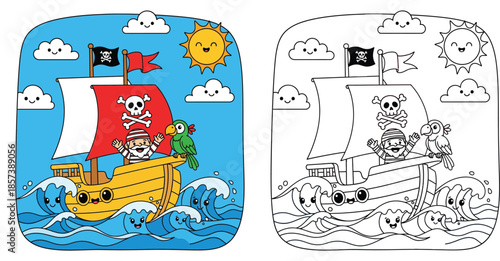 Cute pirate ship coloring page for kids with color example vector illustration showing happy captain parrot and smiling waves under sunny sky
