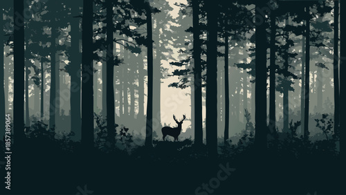Deer Silhouette in Misty Forest Illustration
