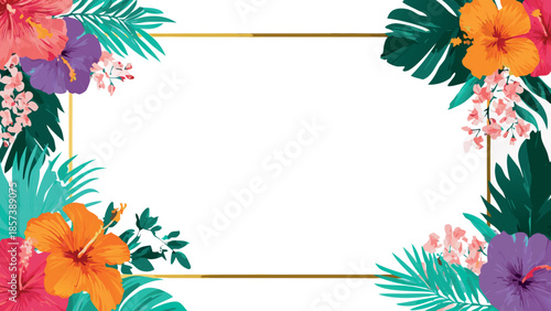 Tropical Floral Frame with Leaves on White Background Illustration