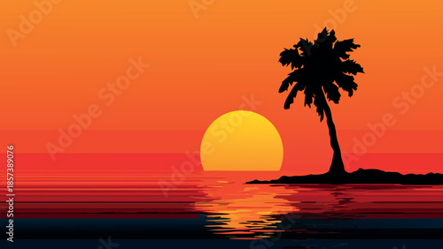 Sunset over Ocean with Palm Tree Island Illustration