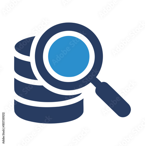Dark blue database stack with magnifying glass searching blue circle vector