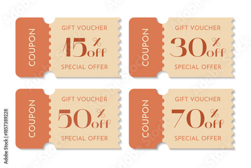 A set of 4 discount gift coupons features a vibrant orange color scheme