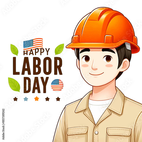 Happy Labor Day with Smiling Worker in Hard Hat