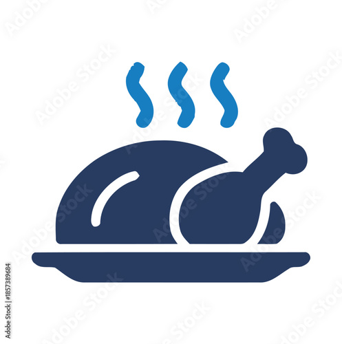 Dark blue icon of a roasted chicken on a platter with steam food meal