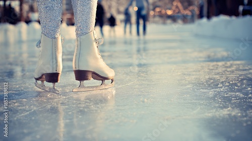 Winter Leisure: Ice Skater on a Public Rink with Bokeh Lights