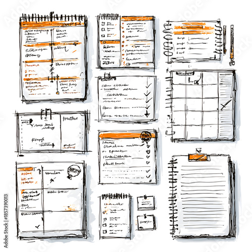 Planning and Organization: A collection of meticulously crafted sketches of various calendars, planners, and organizational tools that exude the essence of efficient task management