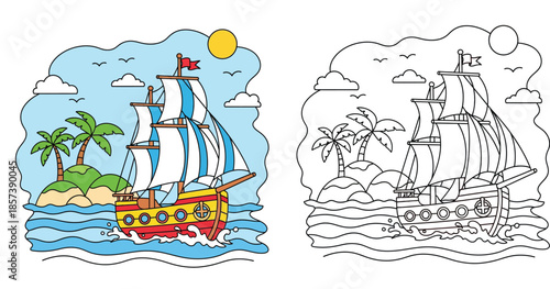 Coloring book page for kids with cartoon sailing ship and tropical island. Vector illustration of pirate boat near palm trees with color guide and black and white outline.