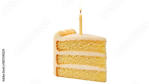 Slice of vanilla layer cake with buttercream frosting and lit candle isolated PNG, birthday celebration dessert on transparent background