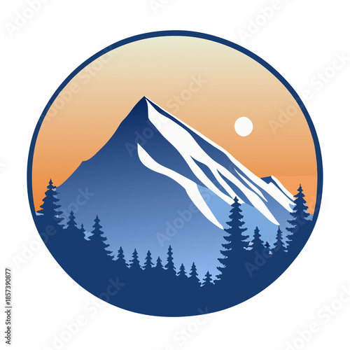 Vector illustration of a snowy winter mountain landscape with forest trees under a night sky for a Christmas holiday celebration card design