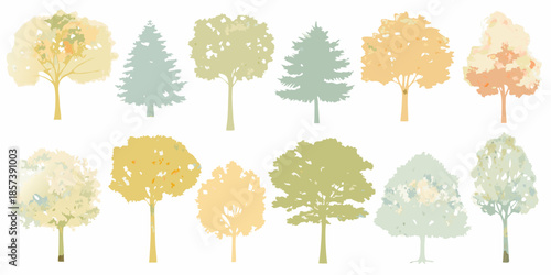 A collection of stylized trees in various autumnal and green hues