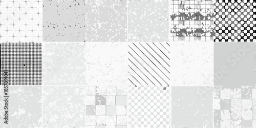 An abstract composition of grid patterns and textured monochrome squares
