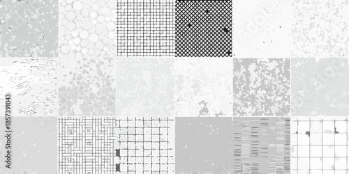 Abstract background with various grayscale textures and geometric patterns displayed