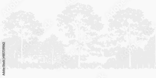 A grayscale forest landscape with deer and tall trees in silhouette