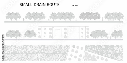 Architectural section showing a small drain route between buildings and trees