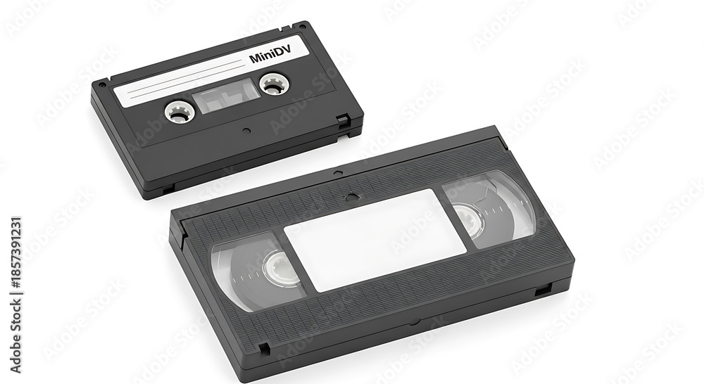 Fototapeta premium Two vintage video cassette tapes V H S and Mini D V on white background MiniDV
