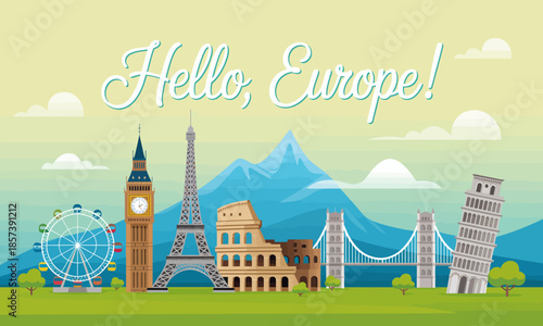 A colorful illustration featuring iconic European landmarks like Big Ben and the Eiffel Tower, set against a scenic mountain backdrop, celebrating the essence of Europe.