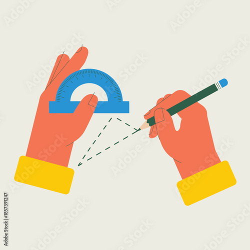 An educational illustration depicting hands using a protractor to measure angles, making it ideal for teaching geometry and engaging students in mathematics.
