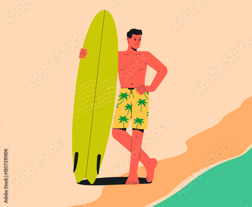 A cheerful young man poses with his surfboard at the beach, embodying the spirit of summer, fun, and adventure in a sun-kissed coastal environment.