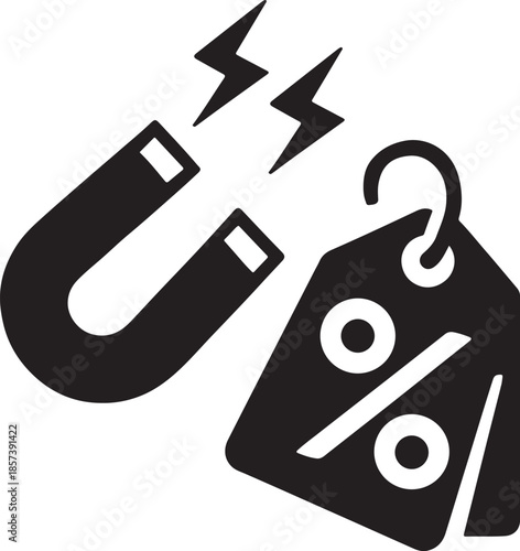 Magnet pulling price tags silhouette icon representing attraction marketing and offers vector EPS